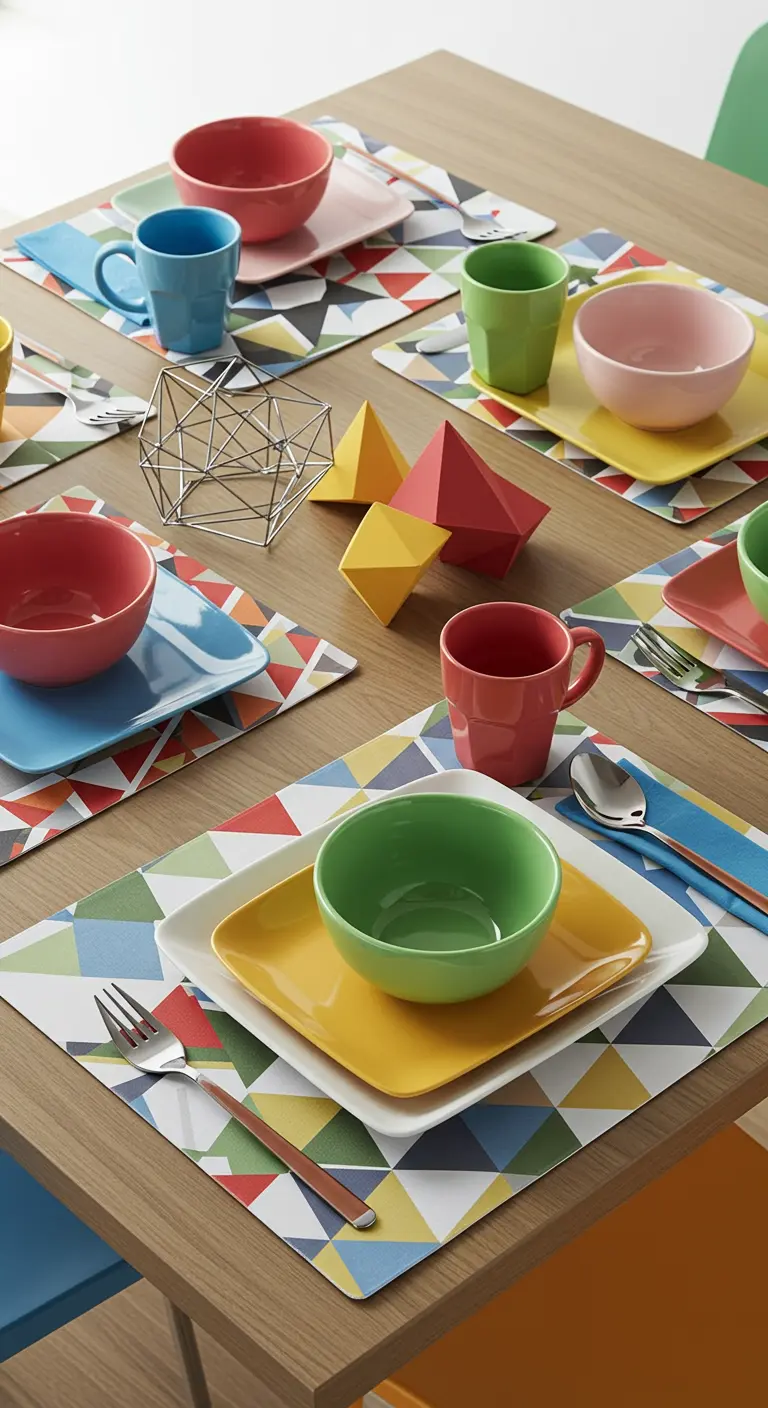 Table moderne avec vaisselle colorée et décorations géométriques en papier.