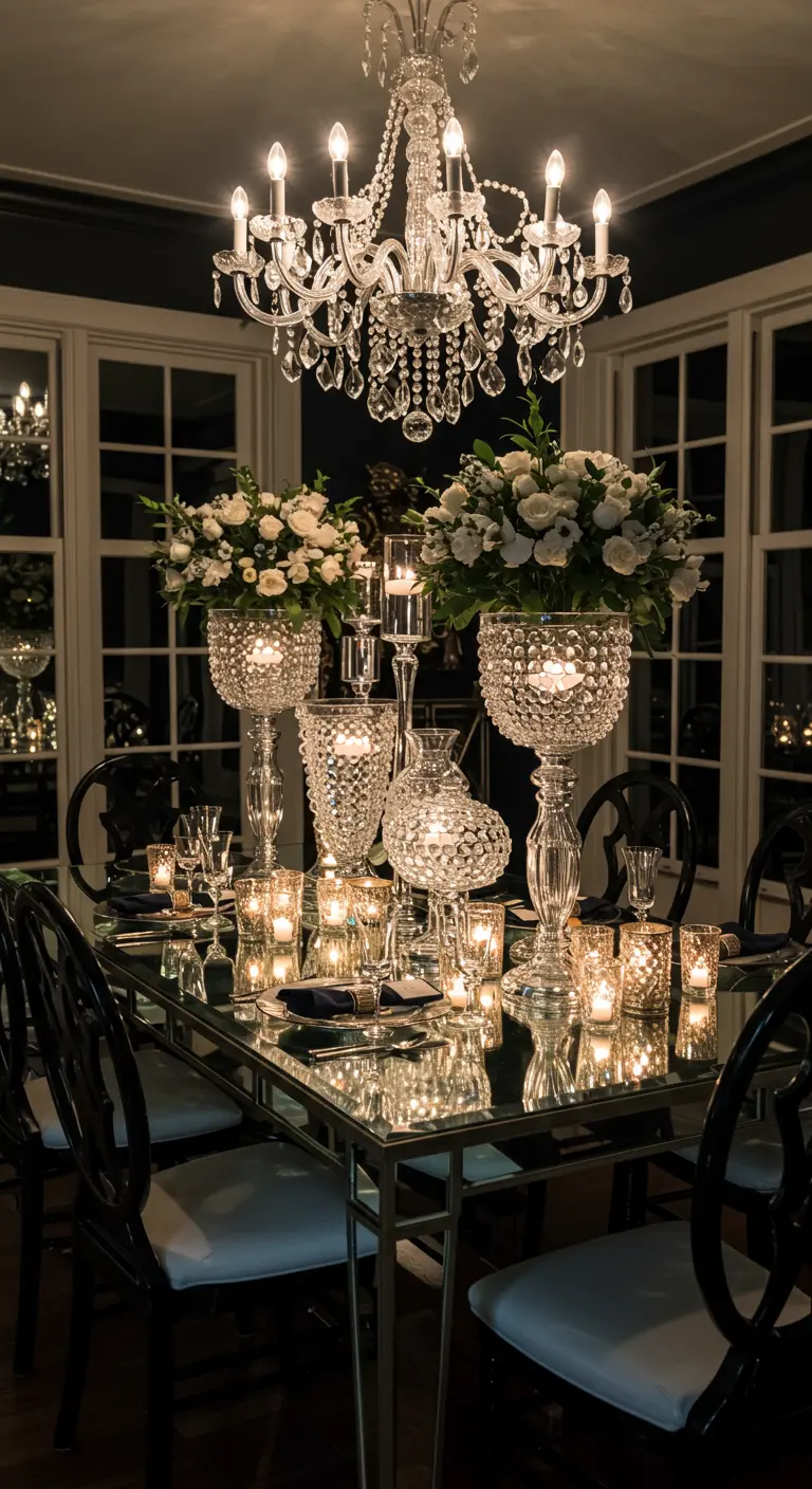 Table de dîner glamour avec une surface en miroir reflétant des bougies et des arrangements floraux.