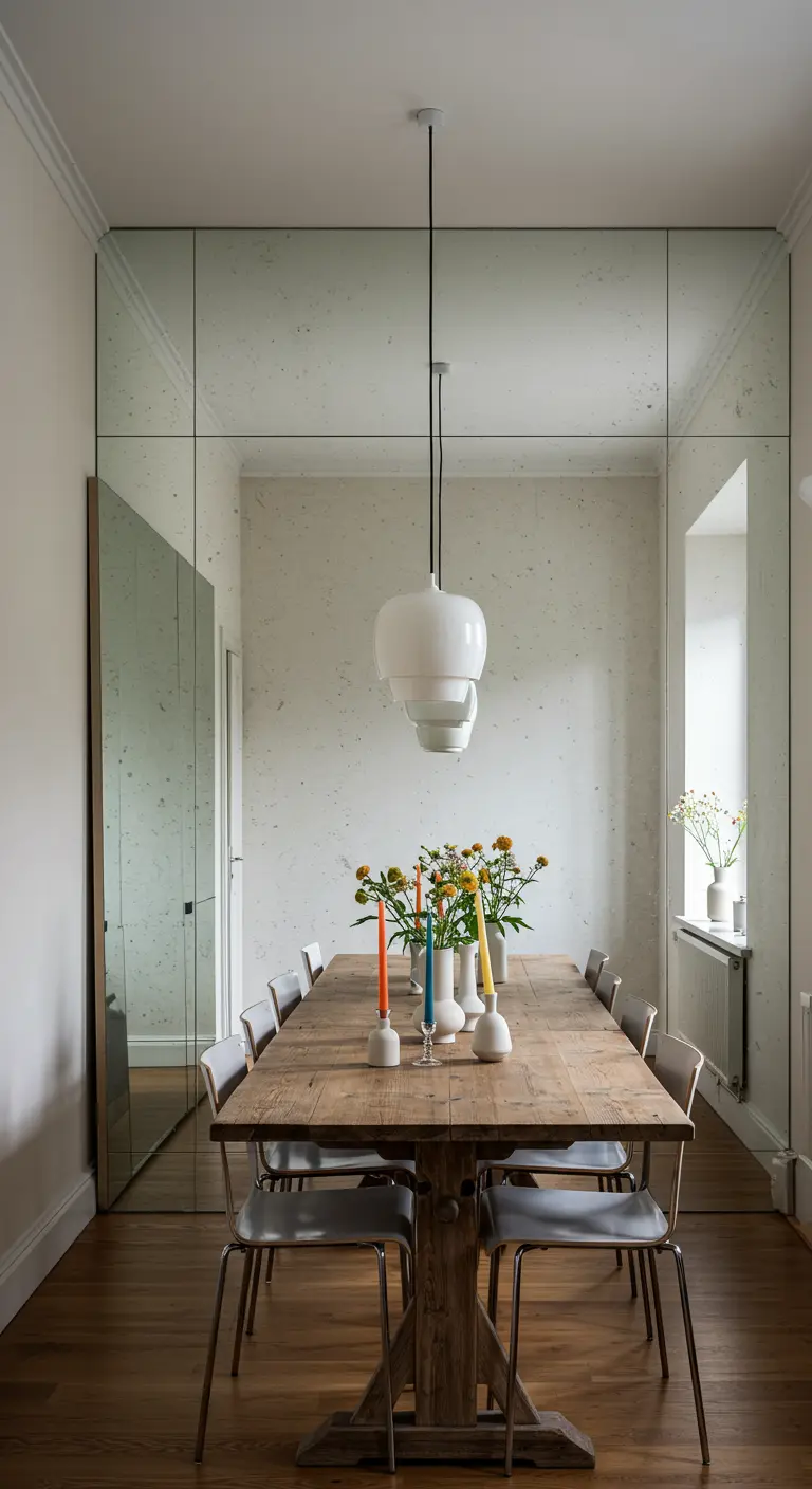 Salle à manger étroite avec un mur de miroirs vieillis reflétant une table en bois et des bougies colorées.