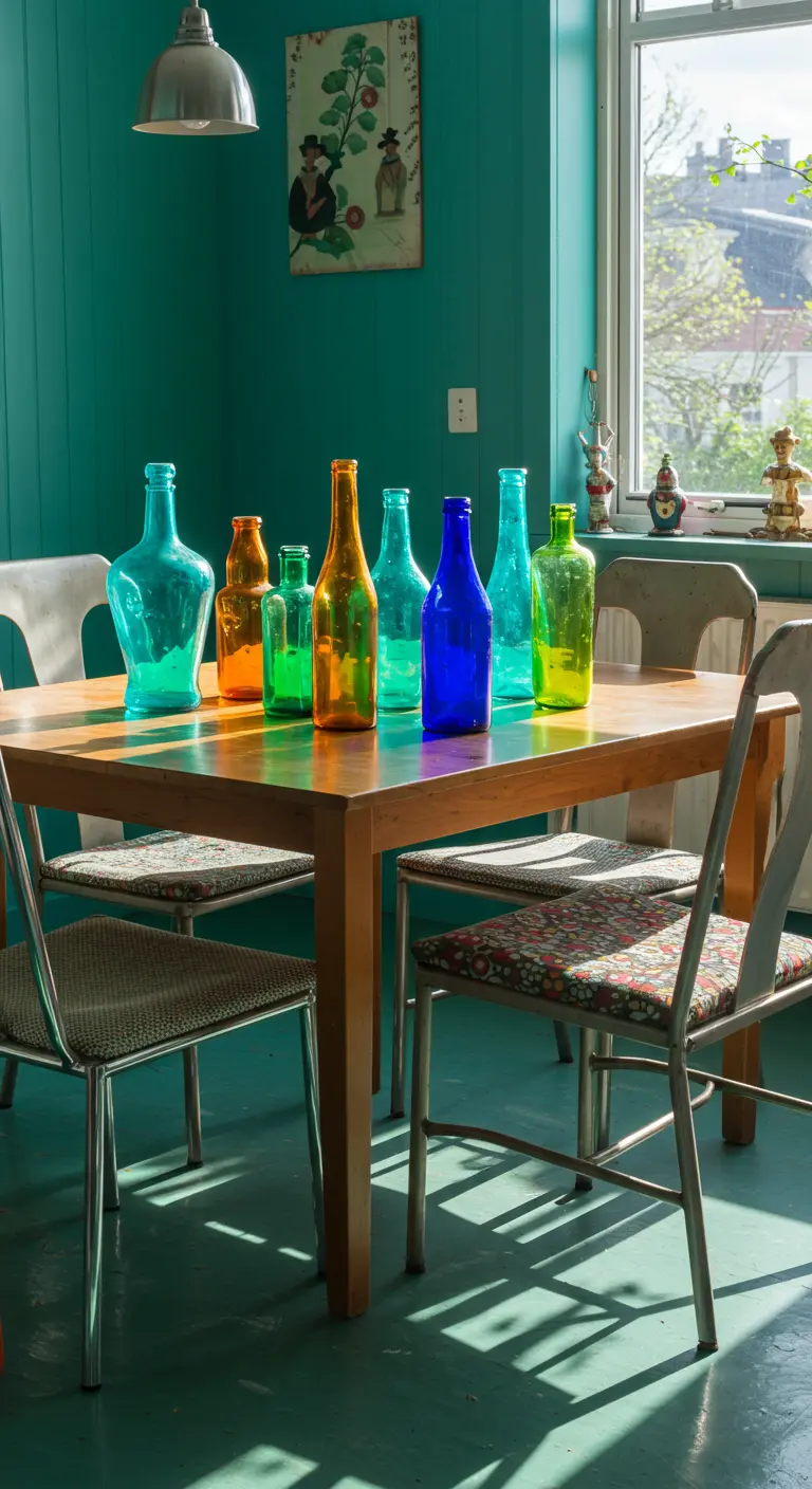Une collection de bouteilles en verre coloré disposée sur une table en bois.