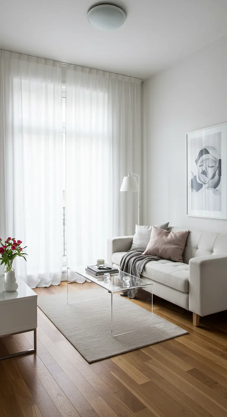 Petit salon optimisé avec table en verre et canapé clair