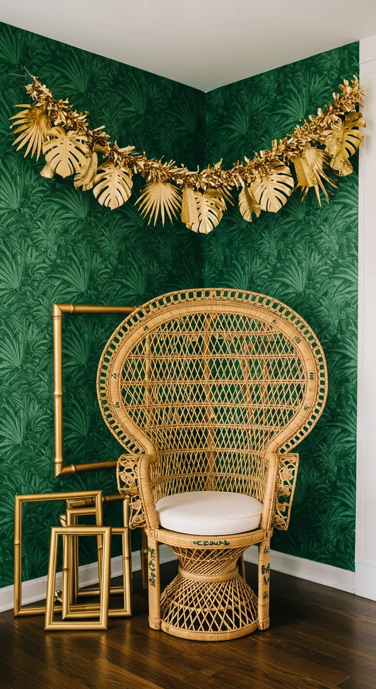 Fauteuil paon en rotin devant un mur jungle et une guirlande de feuilles dorées.