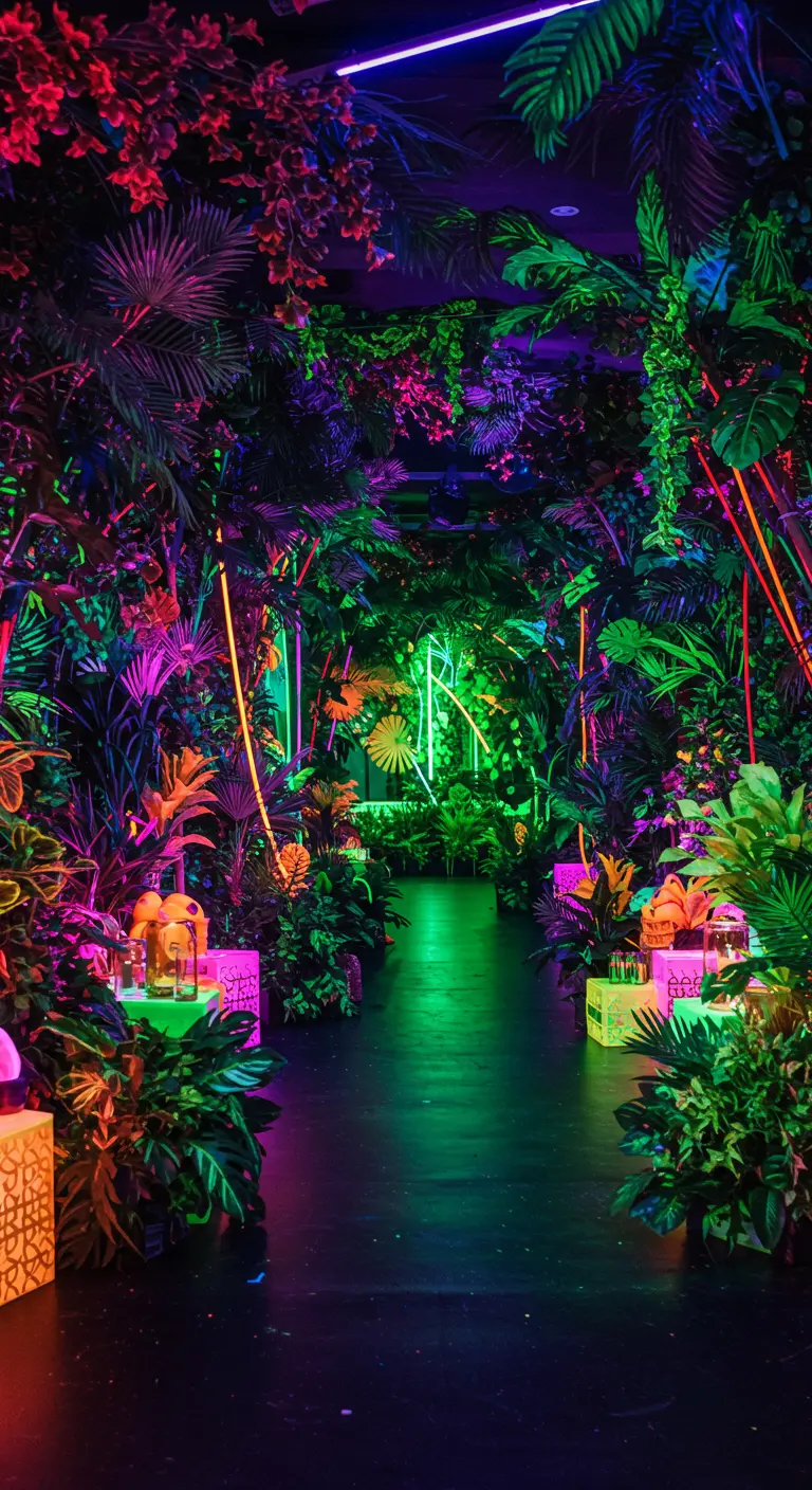 Couloir de plantes tropicales illuminées par des néons colorés.