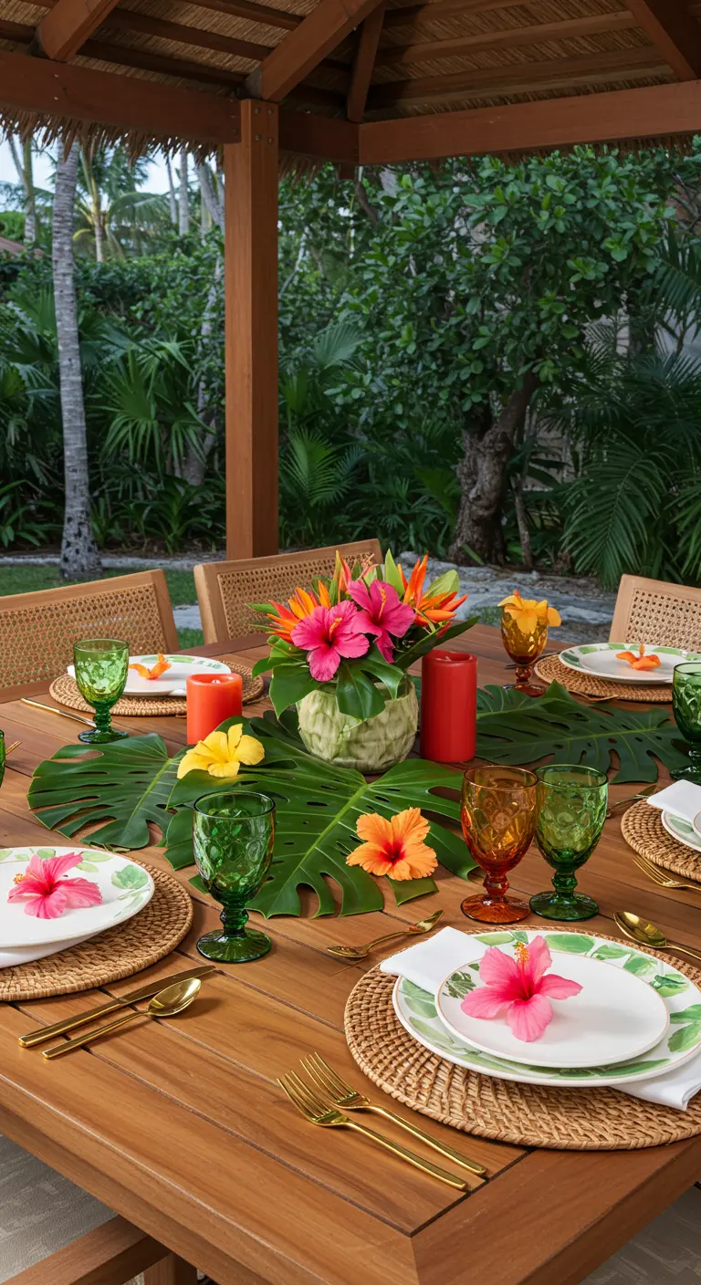 Table en teck avec des feuilles de monstera et un bouquet de fleurs tropicales.