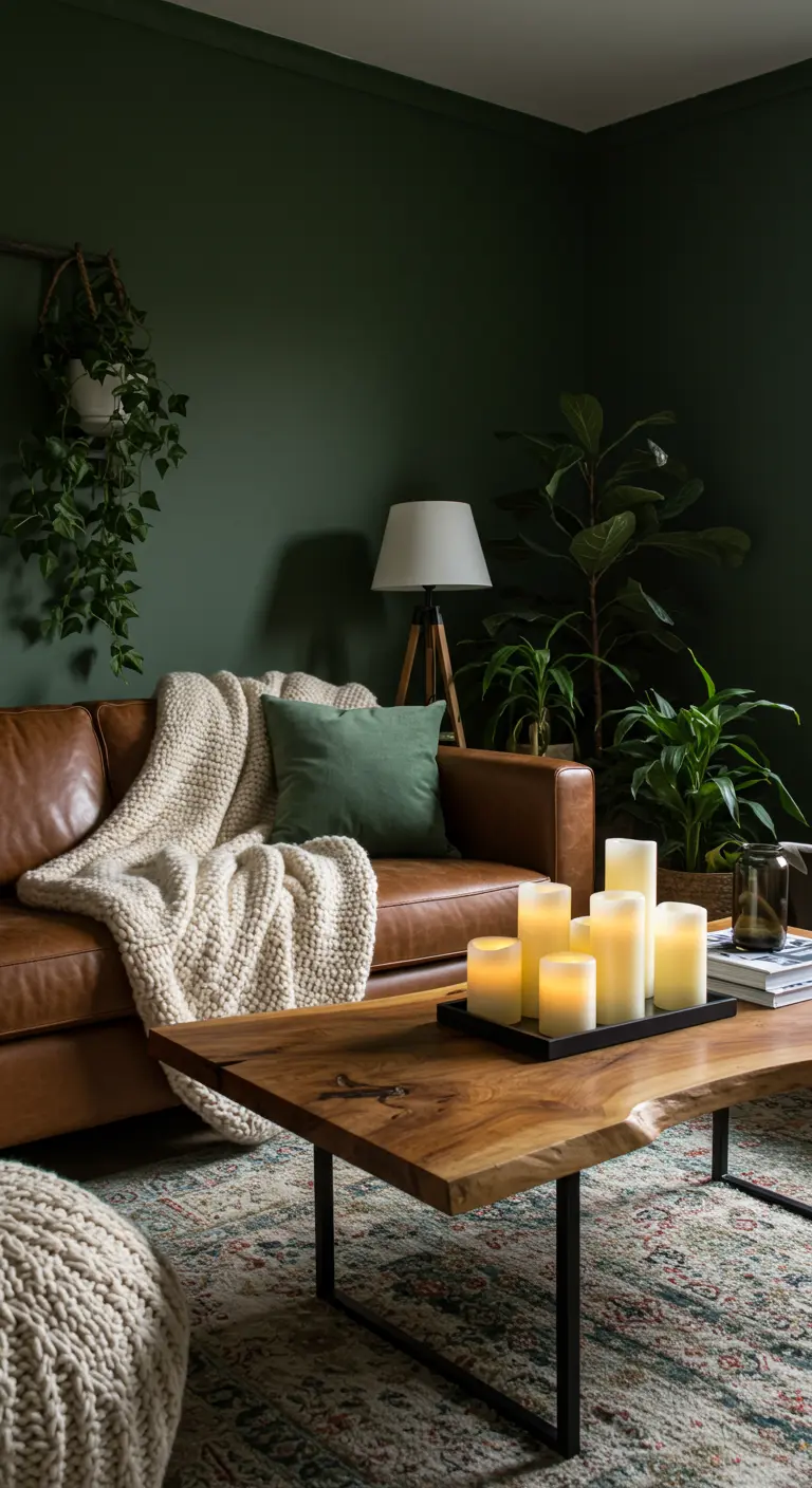 Canapé en cuir avec plaid épais, mur vert foncé et de nombreuses plantes vertes.