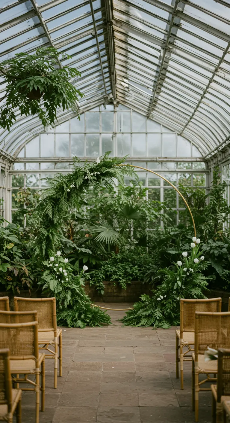 Arche de mariage dorée semi-circulaire couverte de fougères dans une serre luxuriante.