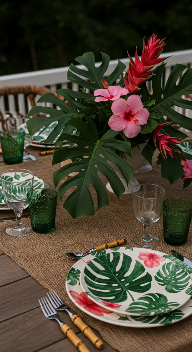 Table sur le thème de la jungle avec des assiettes à motif de feuilles de monstera.