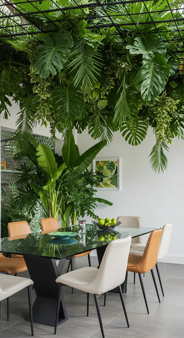 Un plafond entièrement couvert de plantes tropicales luxuriantes au-dessus d'une table à manger moderne.