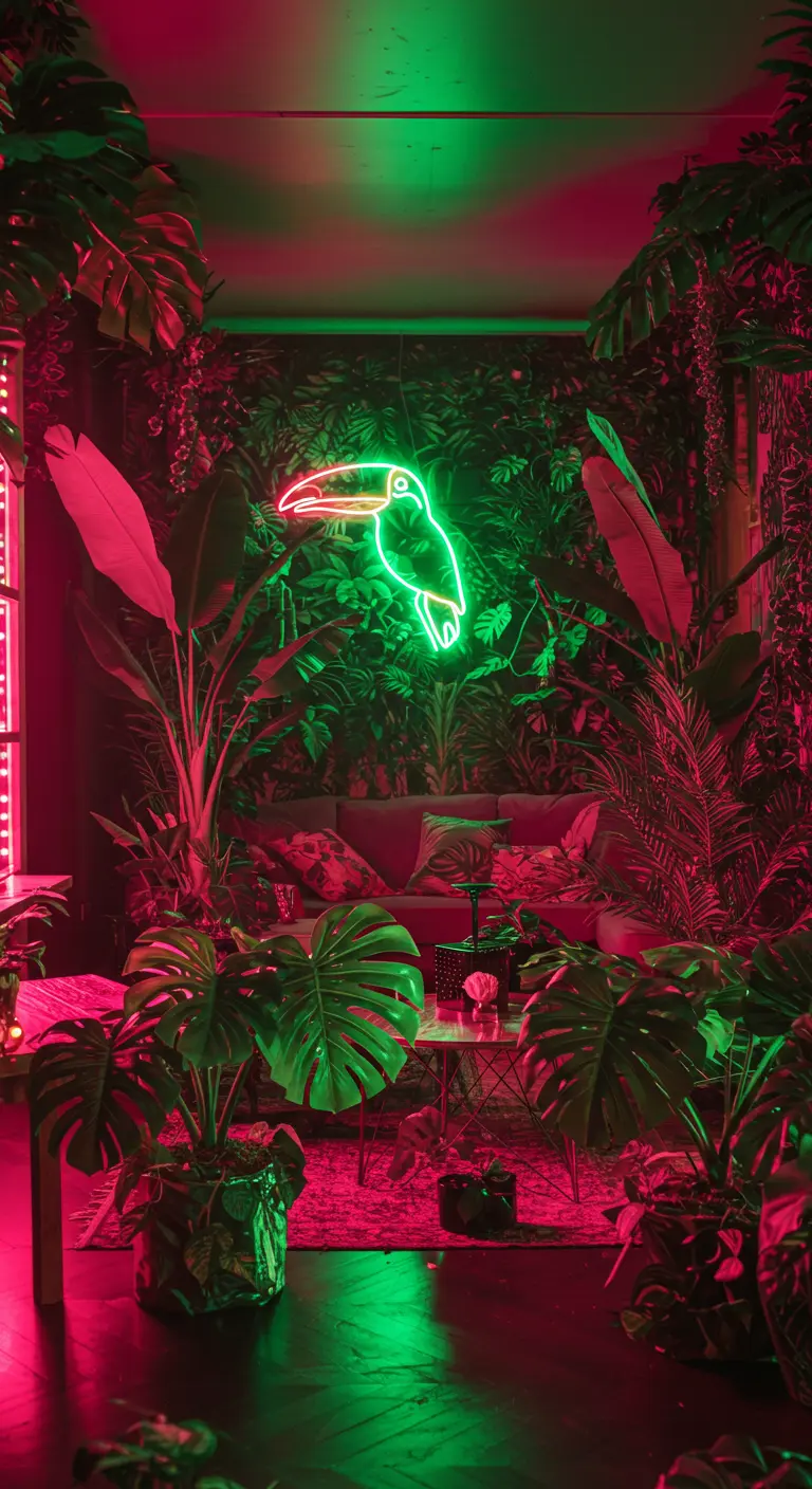 Salon luxuriant rempli de plantes tropicales, éclairé par un néon vert en forme de toucan.