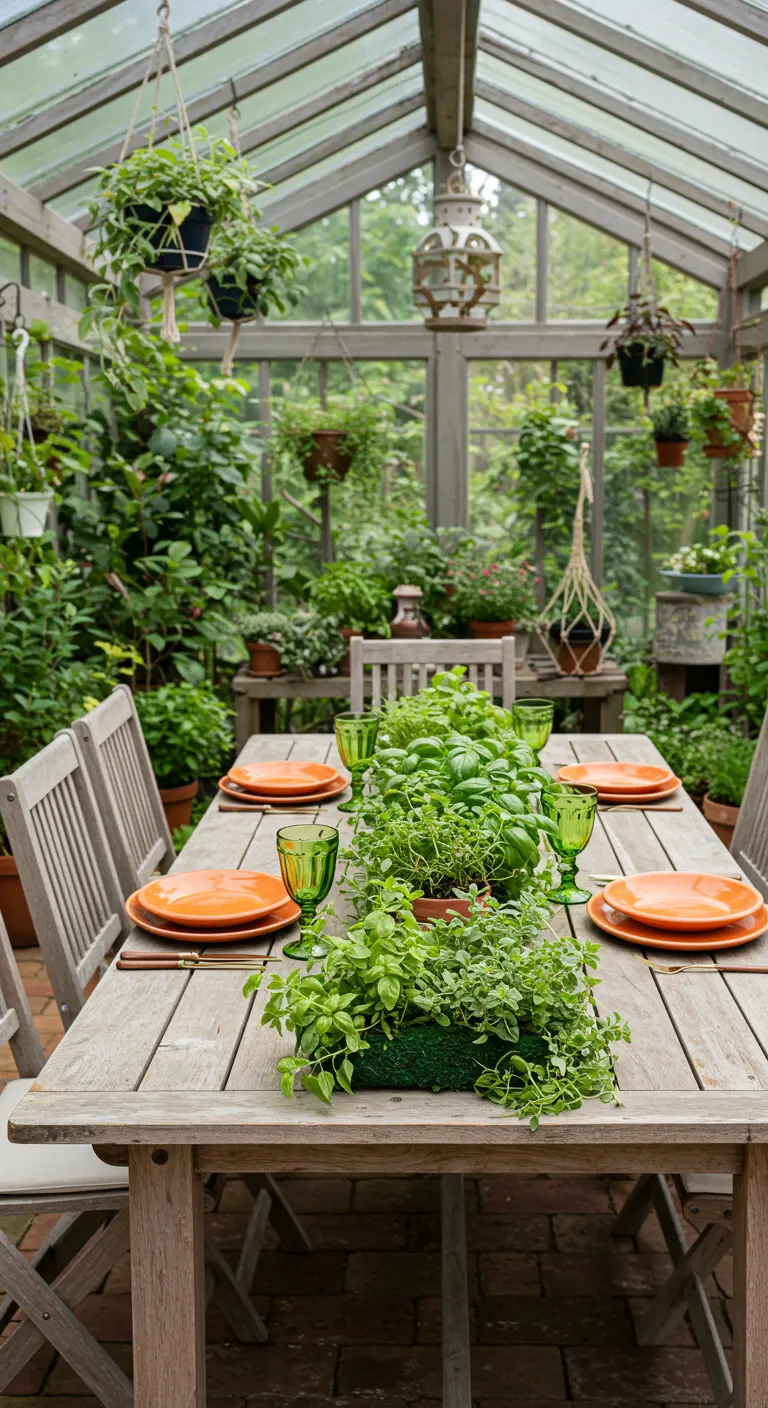 Table en bois dans une serre, avec un centre de table luxuriant composé de nombreuses herbes en pot.