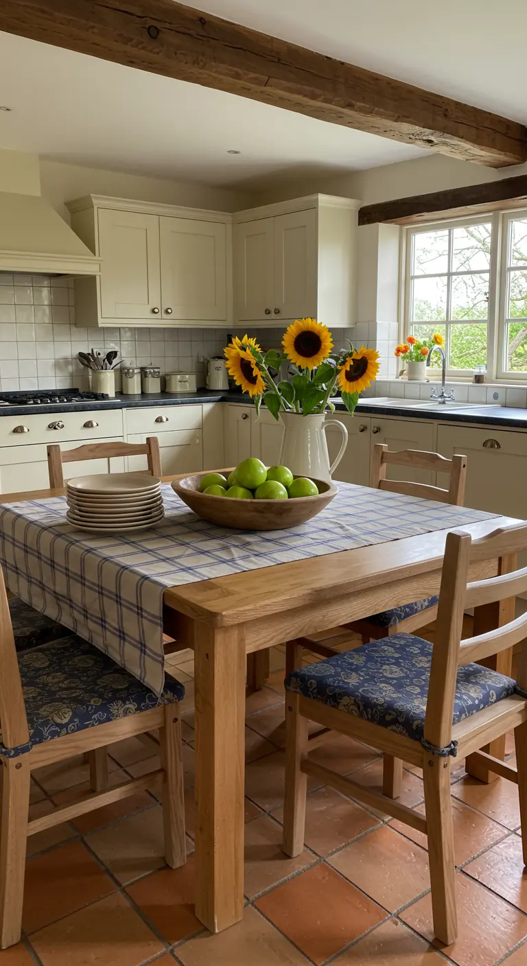 Table de cuisine avec nappe à carreaux bleus, bol de pommes et bouquet de tournesols.