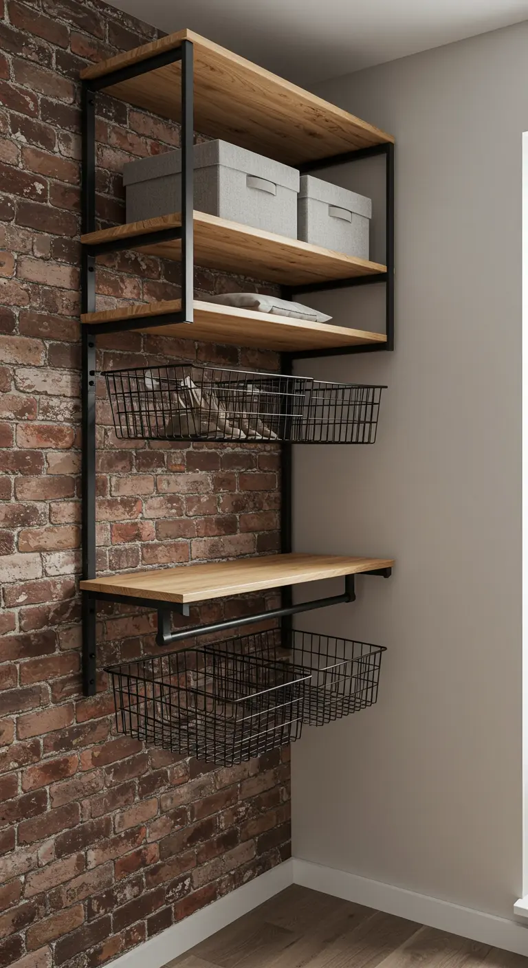 Système d'étagères murales de style industriel fixé sur un mur en briques rouges.