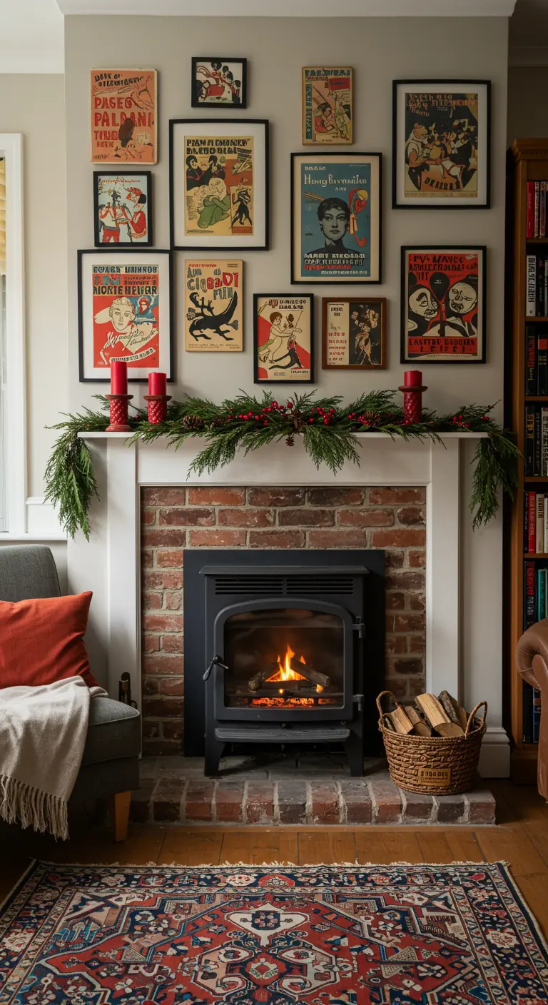 Cheminée avec un mur de cadres rempli d'affiches de cabaret vintage et des bougeoirs rouges.