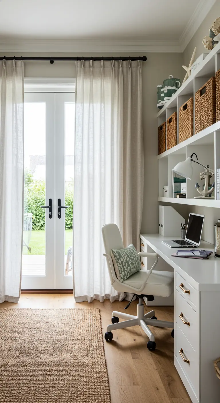 Bureau blanc lumineux de style côtier avec rangements en paniers tressés et tapis en jute.