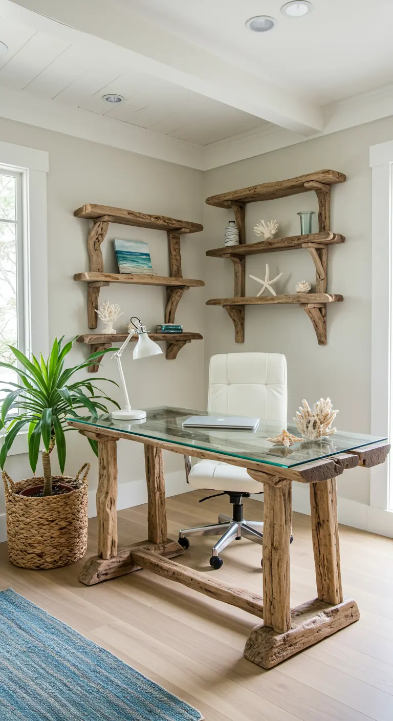 Bureau et étagères fabriqués en bois flotté, avec plateau en verre et décoration marine.