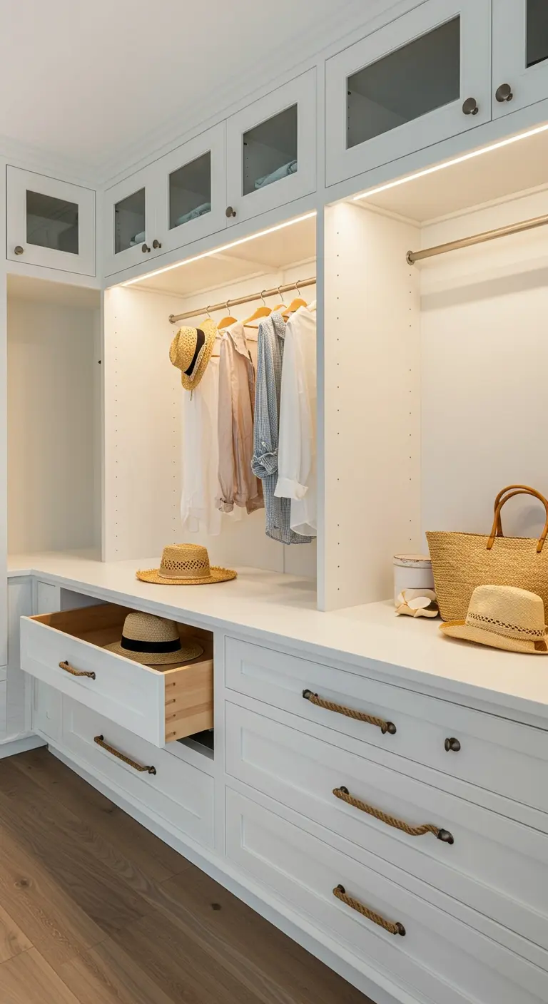 Dressing blanc de style côtier avec des poignées de tiroir en corde de jute.