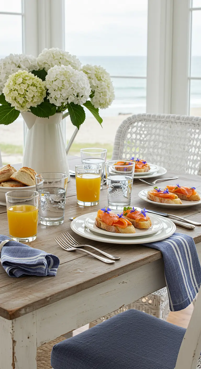 Table de brunch en bord de mer avec des tartines au saumon décorées de bleuets.