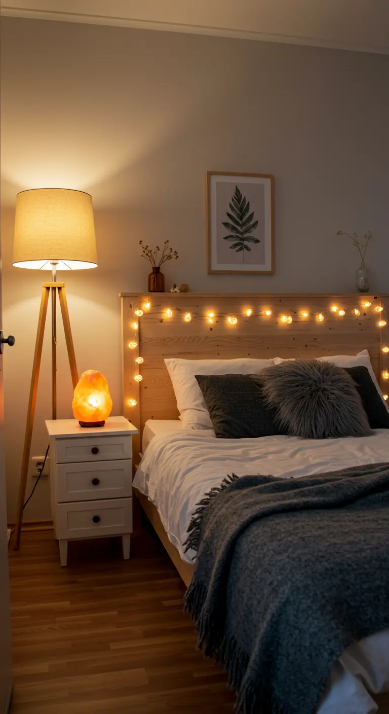 Chambre avec tête de lit en bois décorée de guirlandes, lampadaire et lampe de sel.