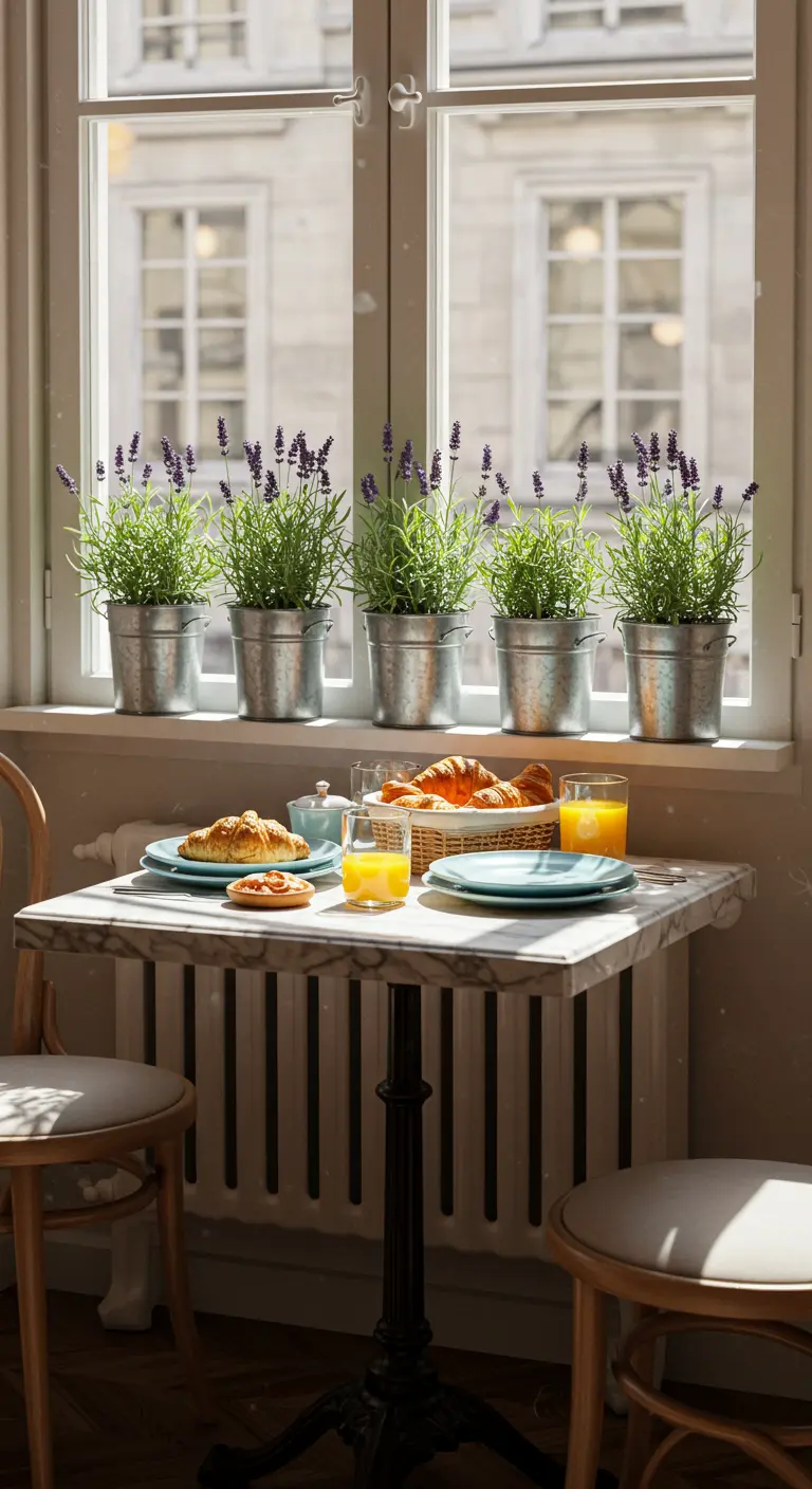 Cinq pots de lavande en zinc alignés sur le rebord d'une fenêtre derrière une petite table de brunch.