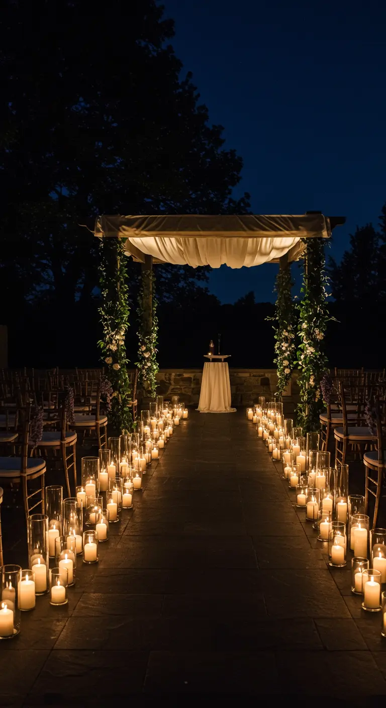 Allée de mariage nocturne bordée de centaines de bougies menant à une arche illuminée.