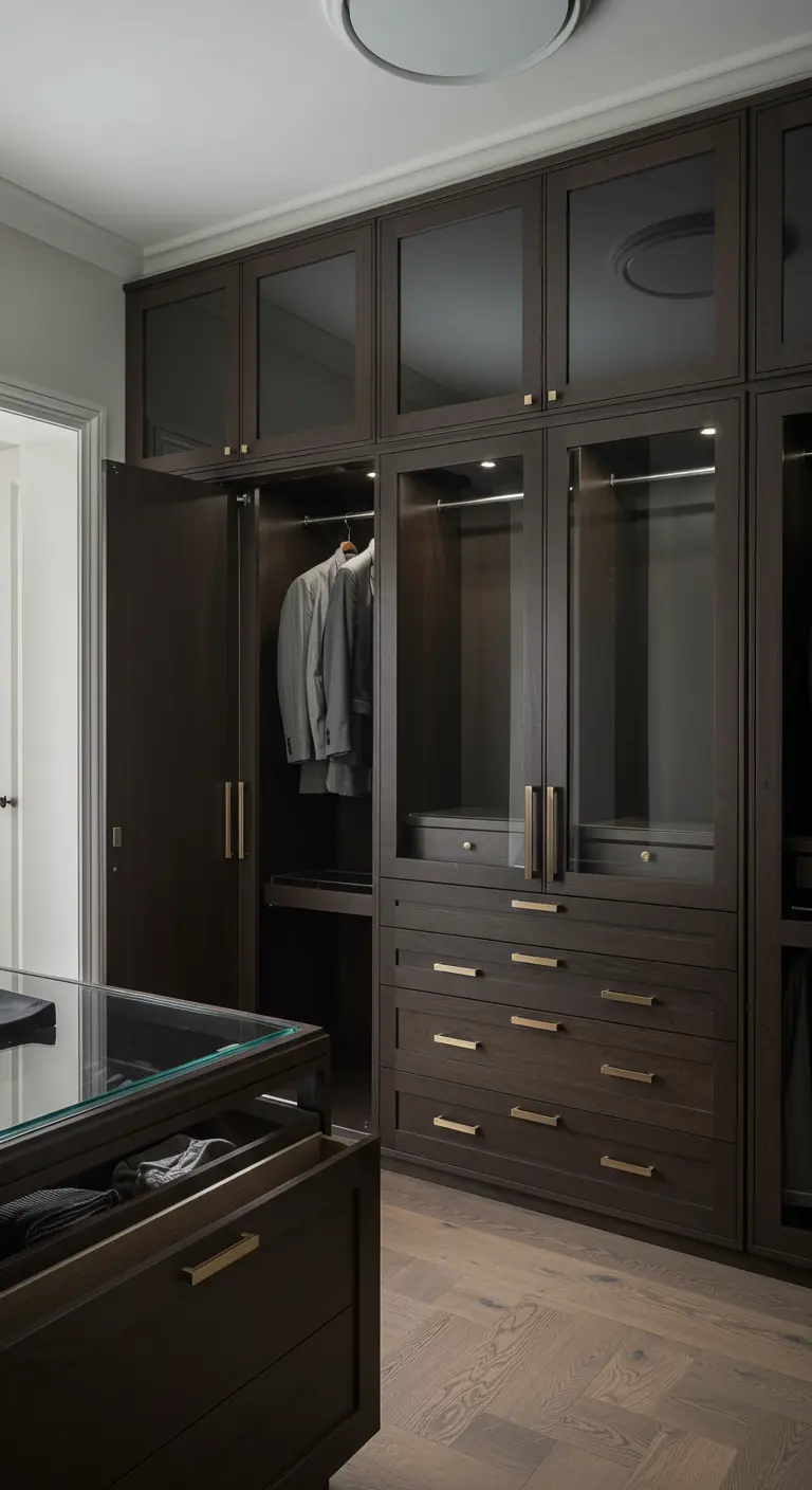 Dressing en bois foncé avec des portes en verre teinté et des poignées en laiton.