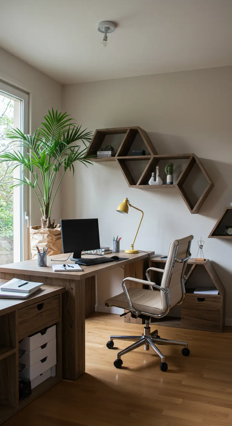 Bureau en bois avec des étagères murales hexagonales et un grand palmier Kentia.