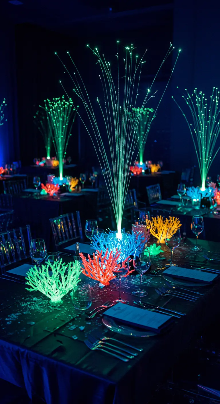 Table de fête dans le noir avec des centres de table en fibre optique et des coraux néon.