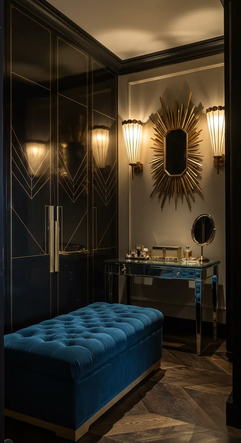 Dressing sombre style Art Déco avec des détails dorés et une banquette en velours bleu.