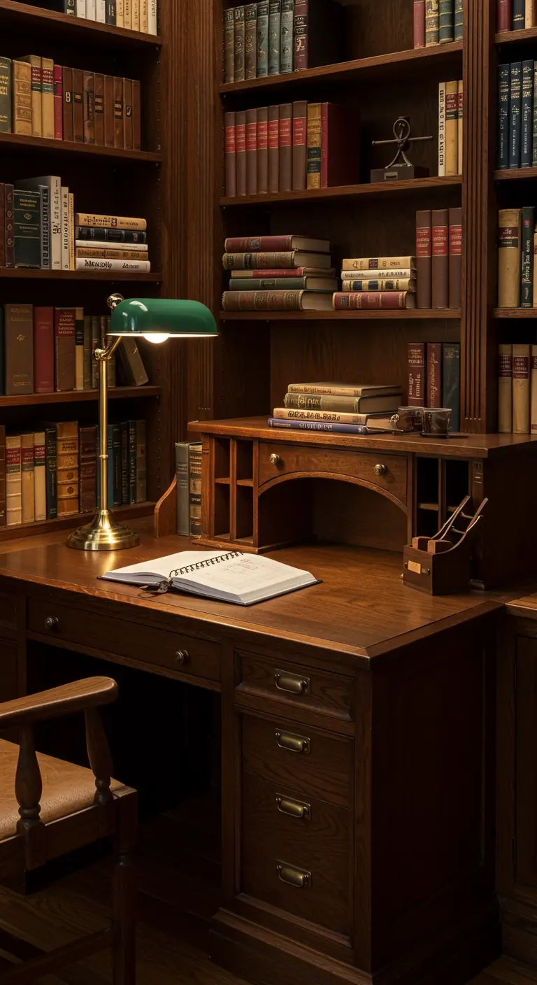 Bureau en bois sombre de style classique dans une bibliothèque avec une lampe de banquier verte.