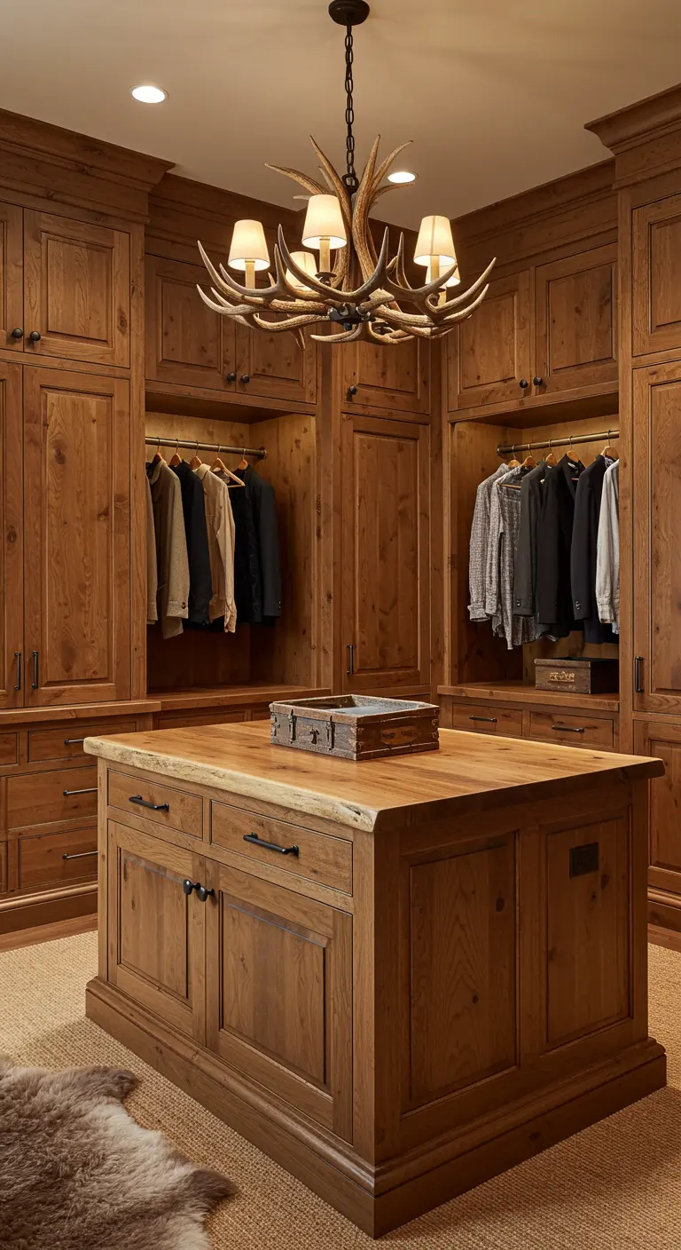 Dressing rustique en bois massif avec un îlot central et un lustre en bois de cerf.