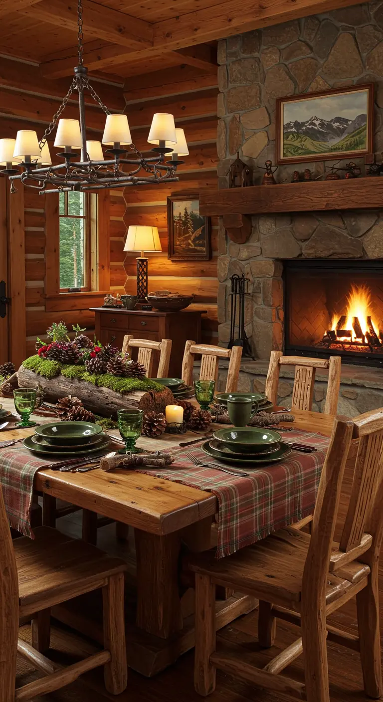 Table de chalet avec chemin de table écossais et centre de table forestier.