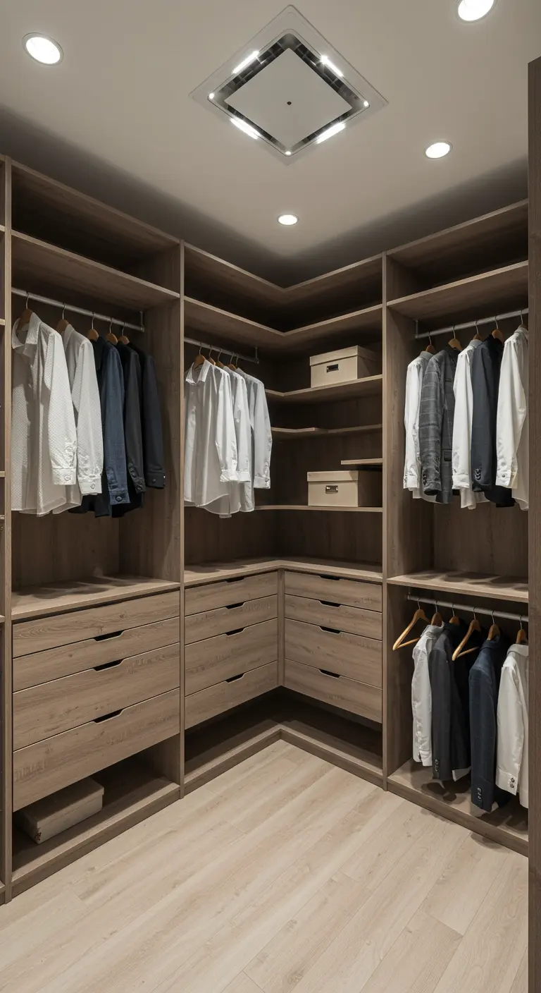 Dressing d'angle en bois clair aménagé sur deux murs en forme de L.