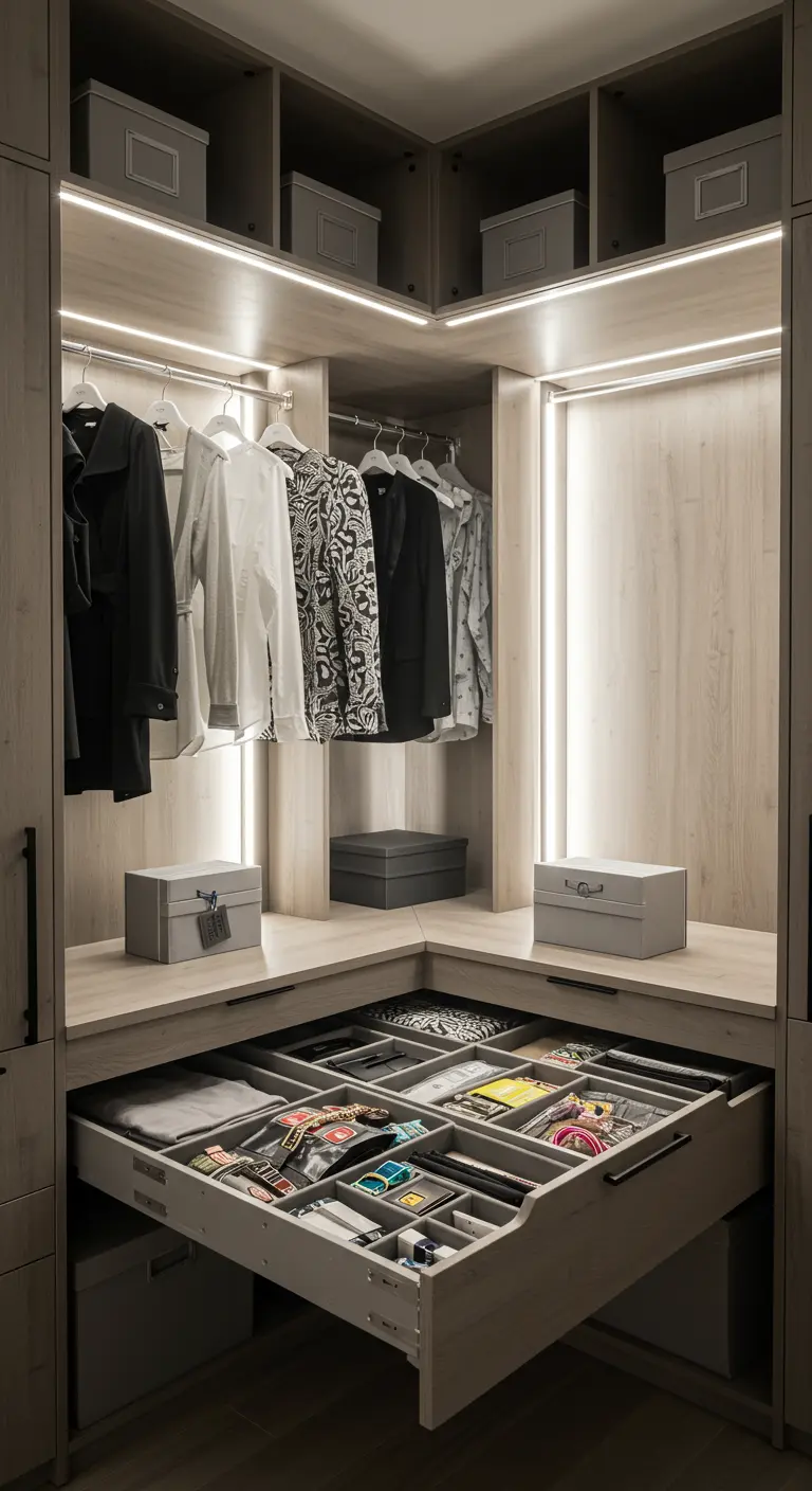 Tiroir d'angle ouvert dans un dressing pour optimiser l'espace de rangement.