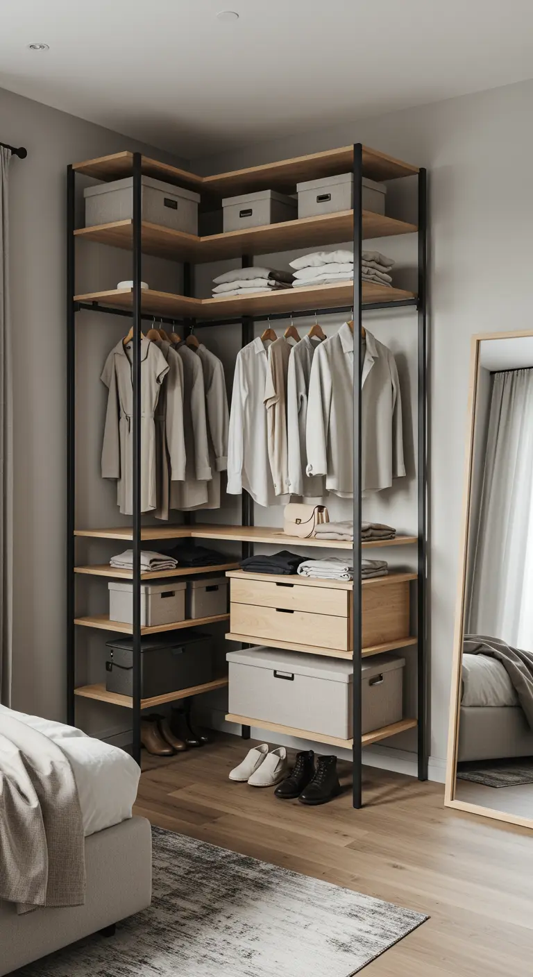 Dressing d'angle ouvert avec structure en métal noir et étagères en bois clair.