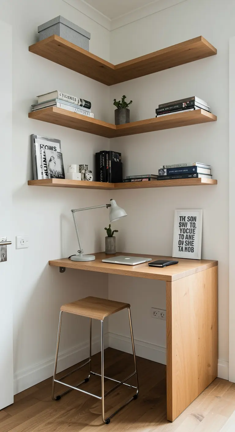 Bureau d'angle en bois clair avec des étagères d'angle flottantes au-dessus.