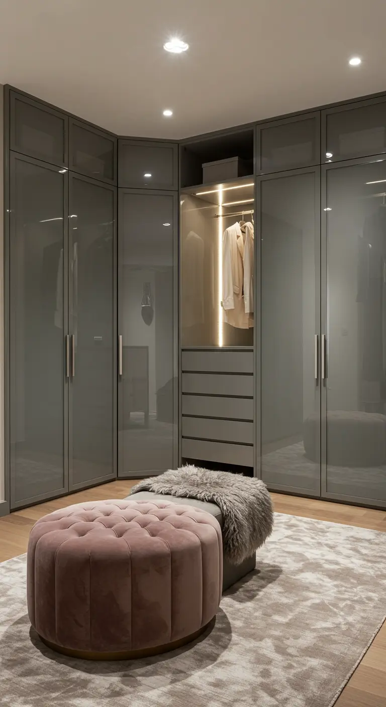 Dressing d'angle avec portes laquées grises et section ouverte éclairée.