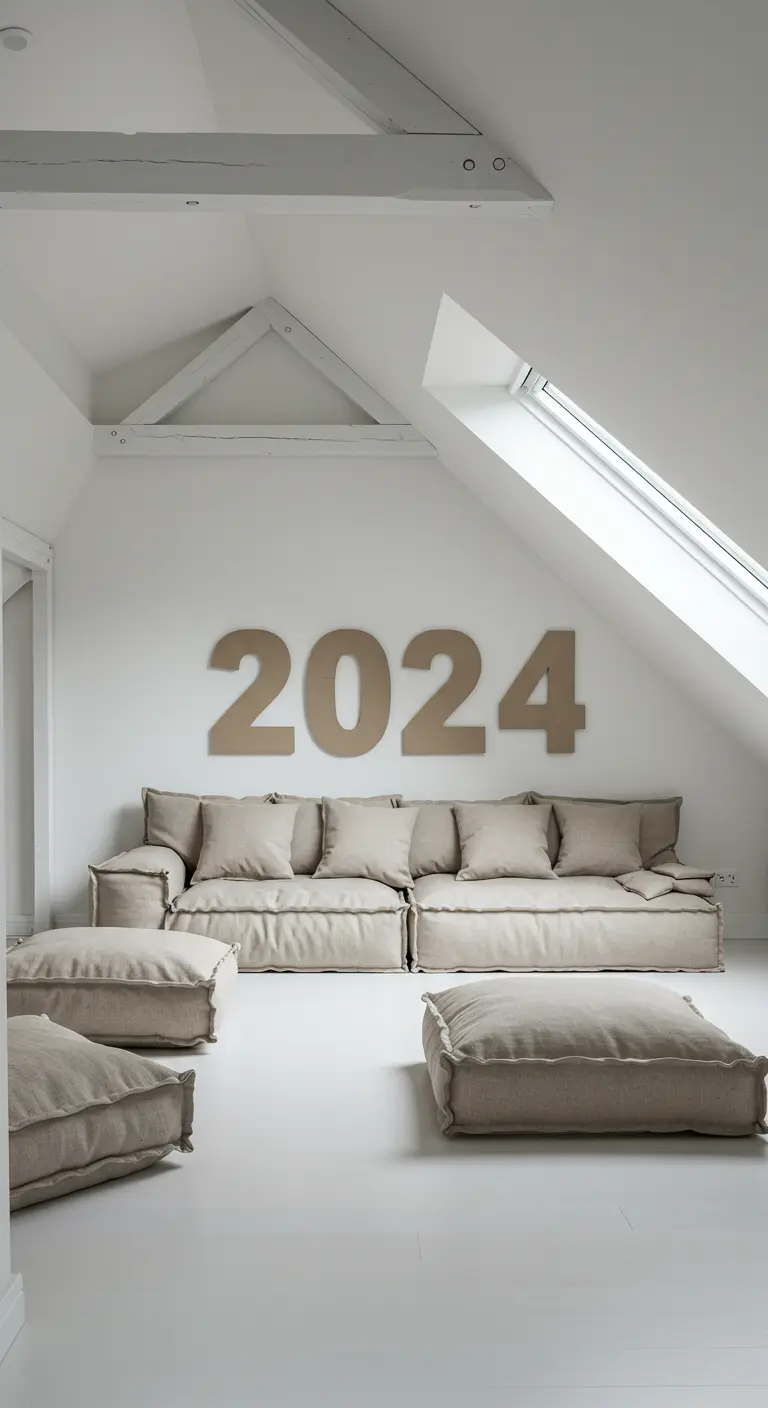Les chiffres 2024 en grand format sur un mur blanc derrière un canapé.