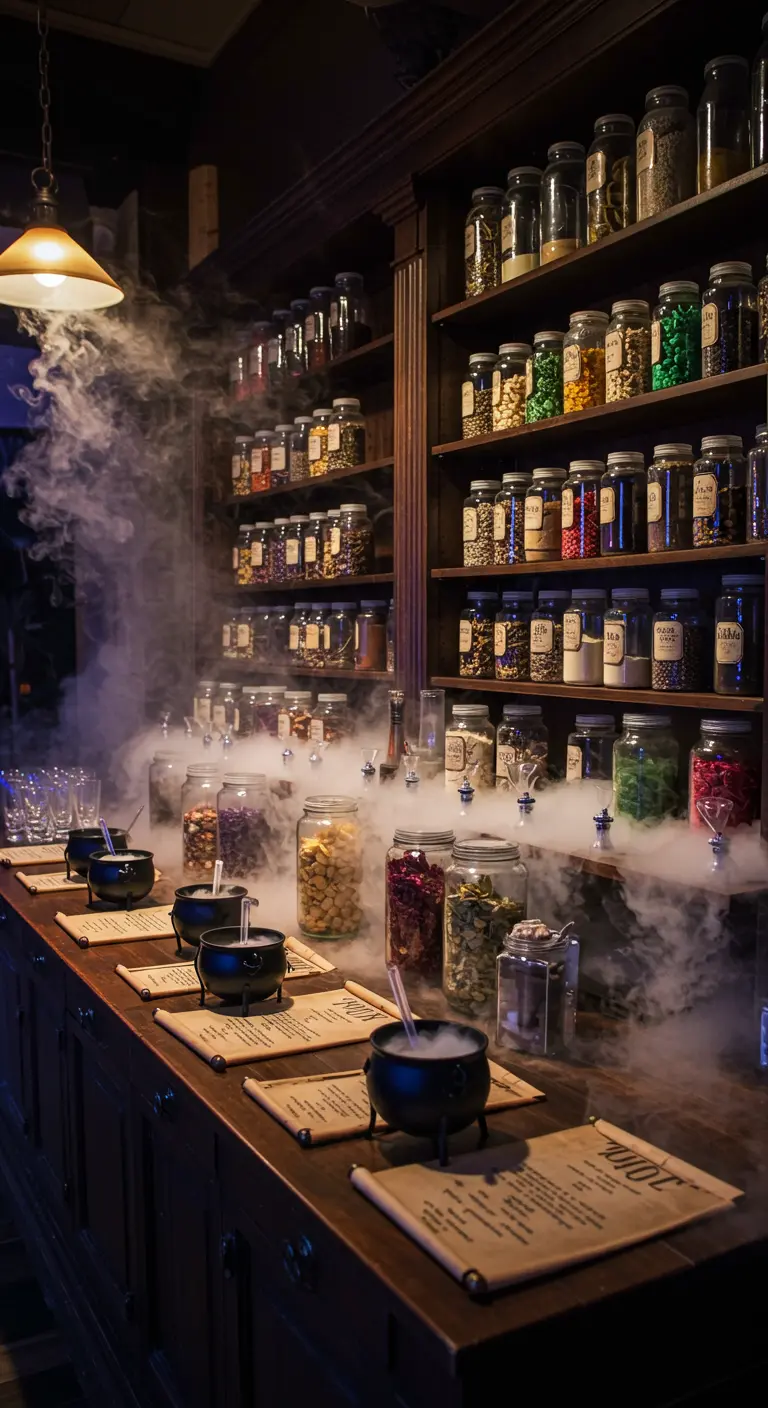 Bar à potions de sorcier avec bocaux d'ingrédients, chaudrons et fumée.