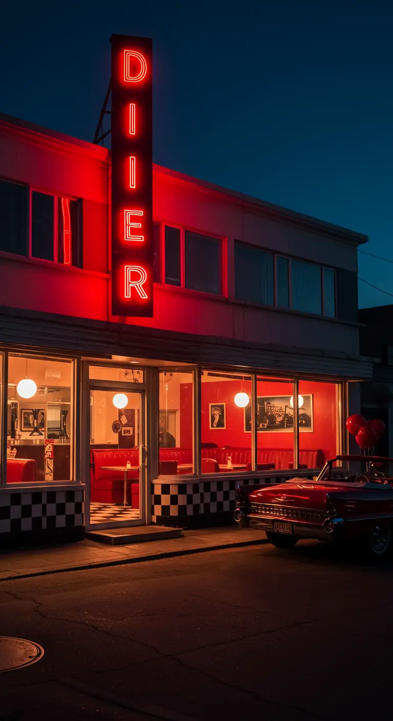 Façade d'un diner la nuit, éclairée par une grande enseigne au néon rouge.
