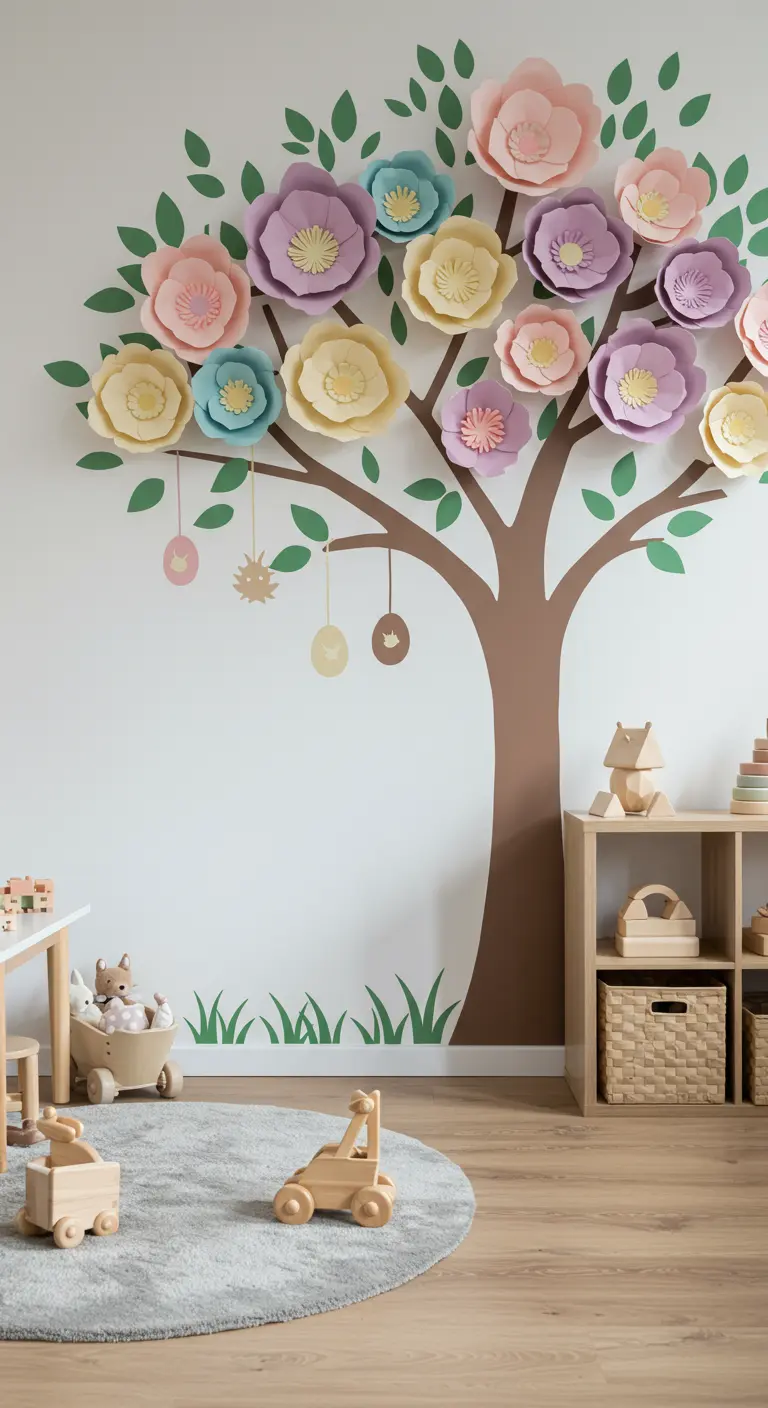 Arbre mural en sticker décoré de grandes fleurs en papier 3D dans une chambre d'enfant.