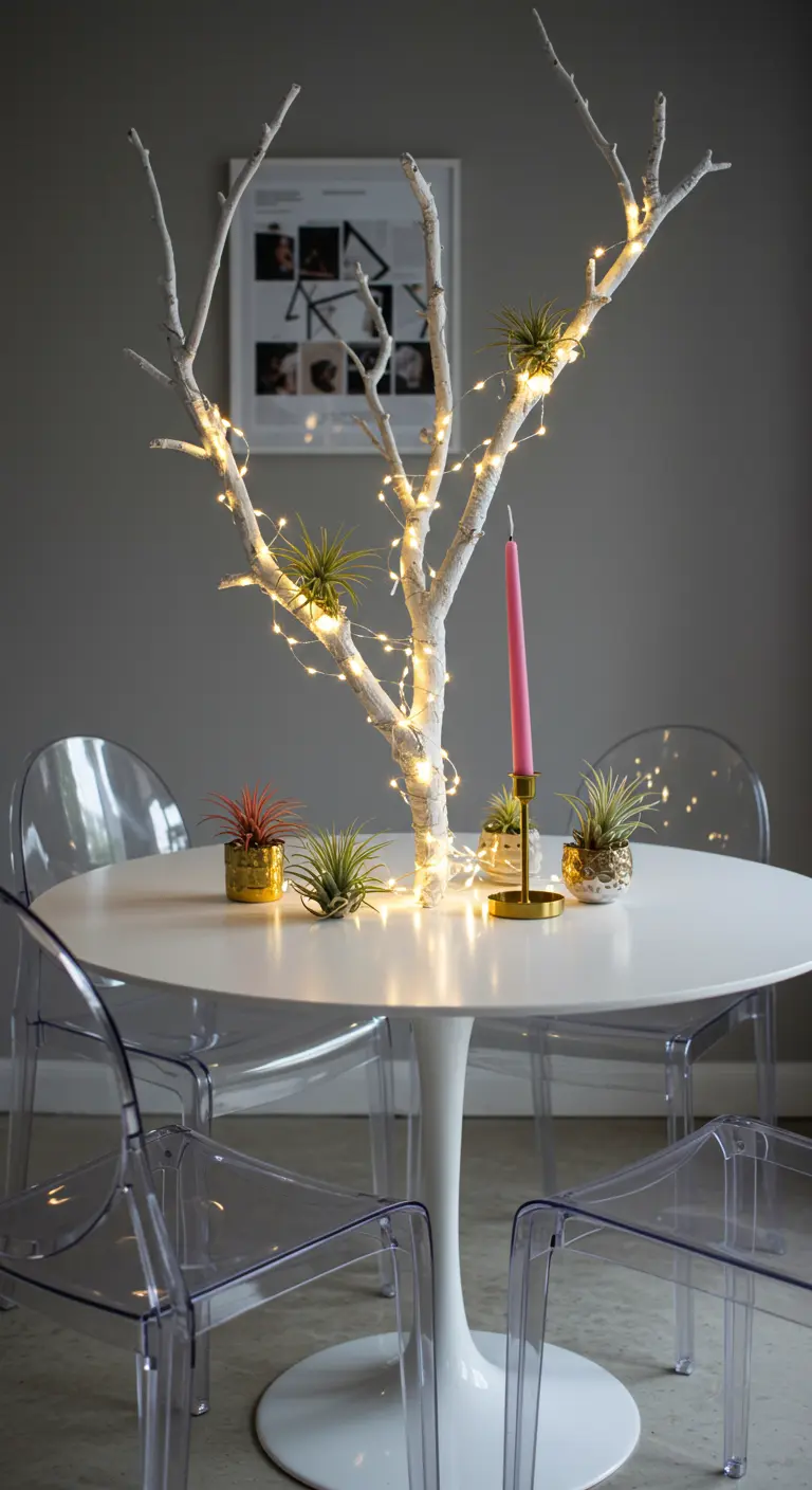 Branche d'arbre blanche décorée de guirlandes LED, de plantes et d'une bougie rose.