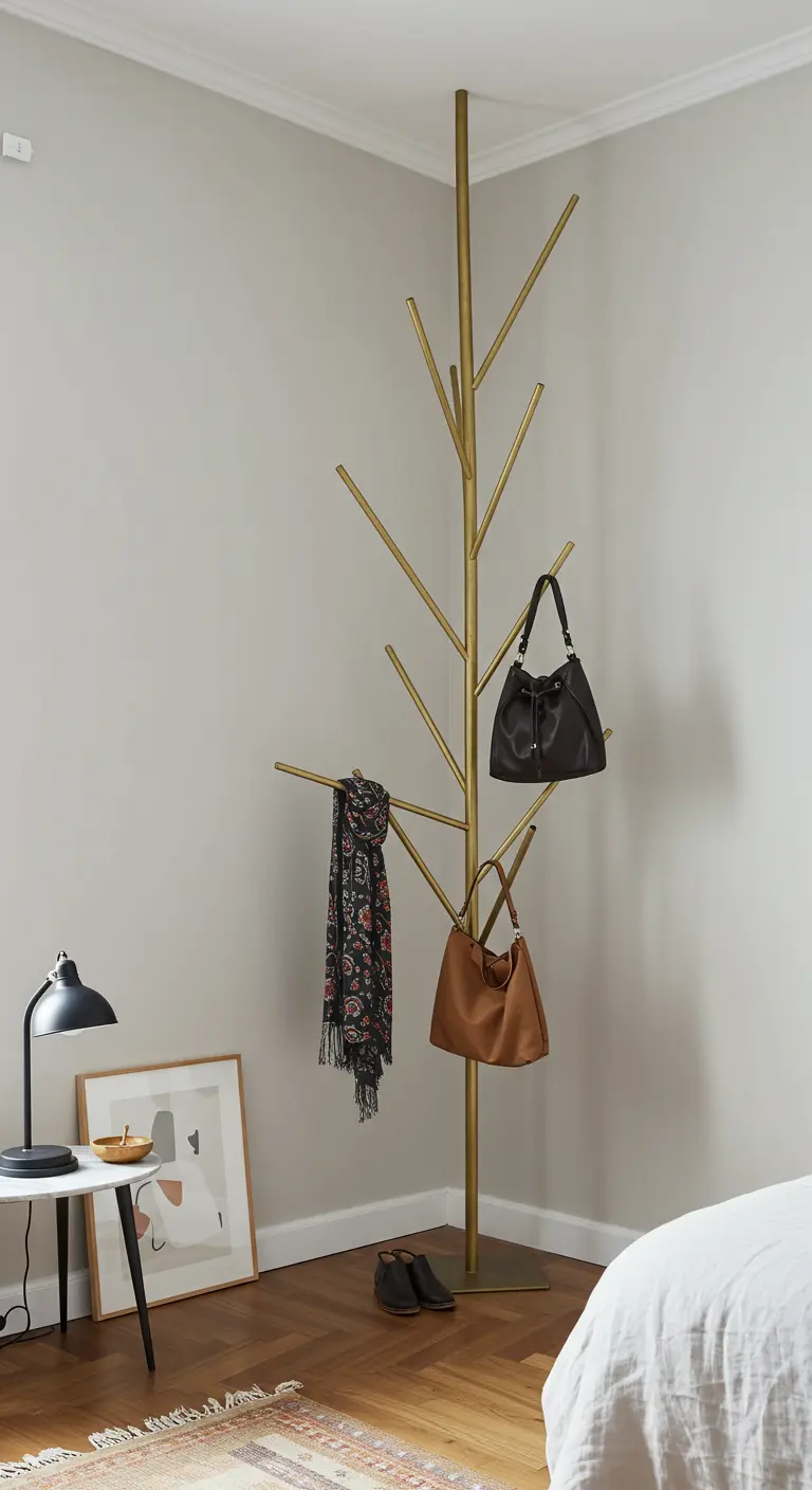 Porte-manteau d'angle doré en forme d'arbre stylisé sur lequel sont suspendus des sacs.