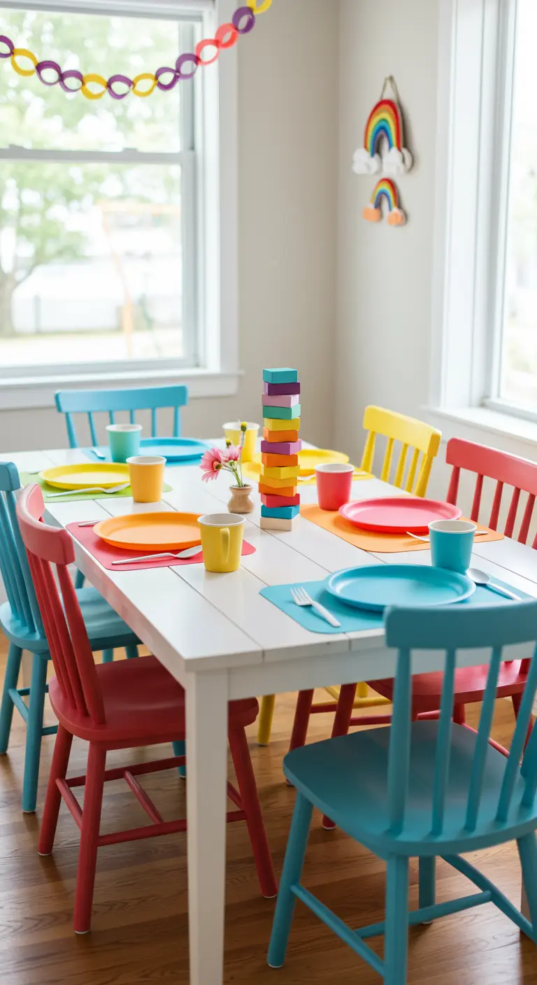 Table pour enfants avec des chaises peintes en rouge, bleu et jaune vif.