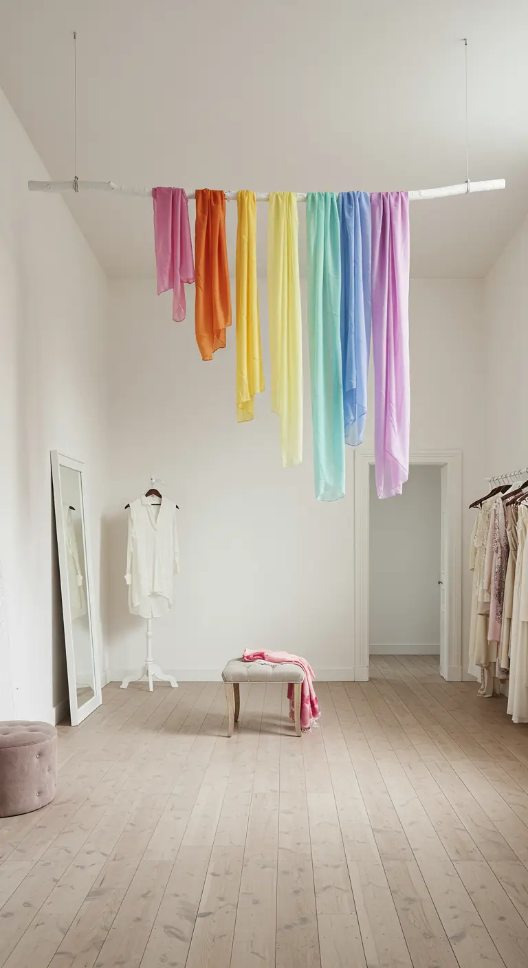 Branche blanche suspendue au plafond avec des foulards colorés drapés.