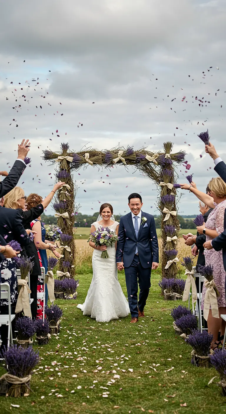 Couple de mariés sous une arche entièrement tressée de lavande séchée.