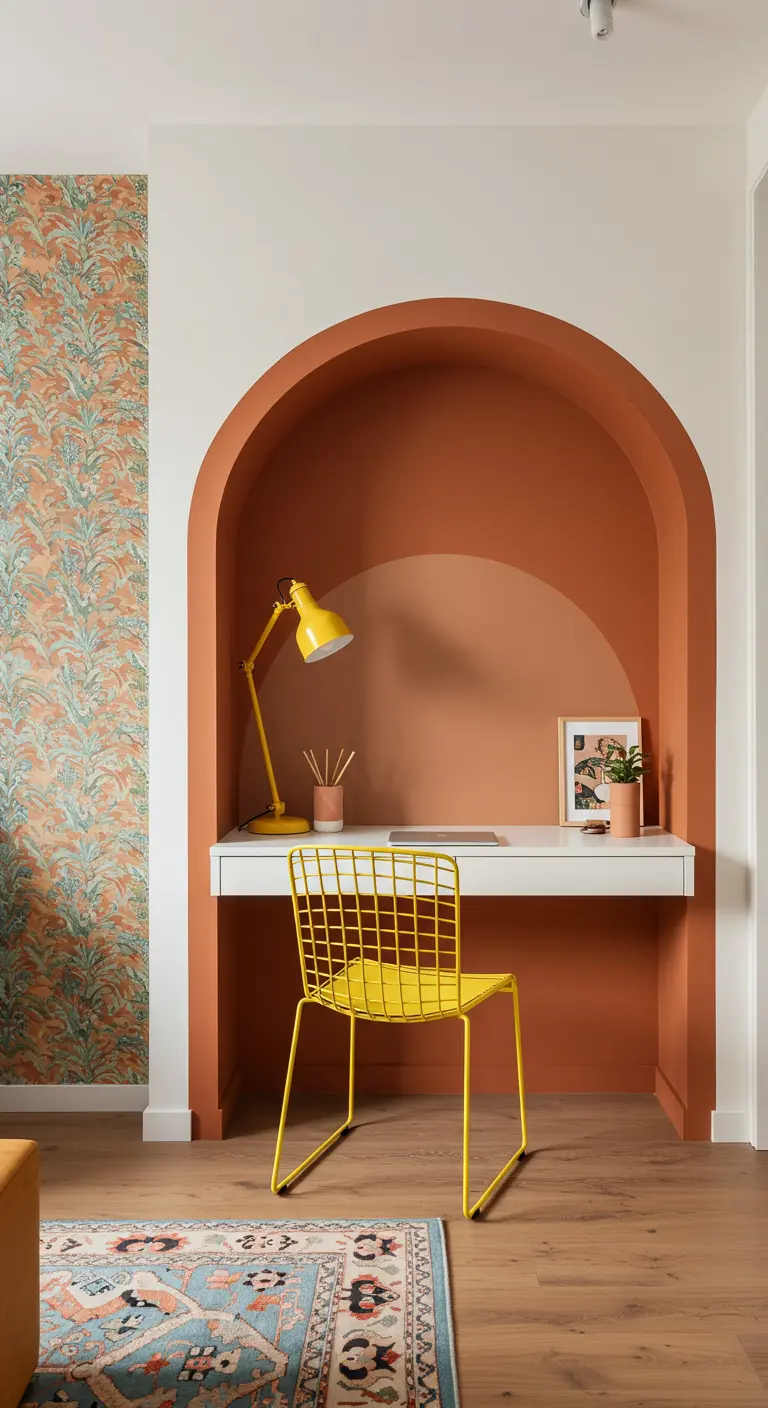 Bureau blanc dans une niche en forme d'arche peinte en terre cuite, avec une chaise jaune.