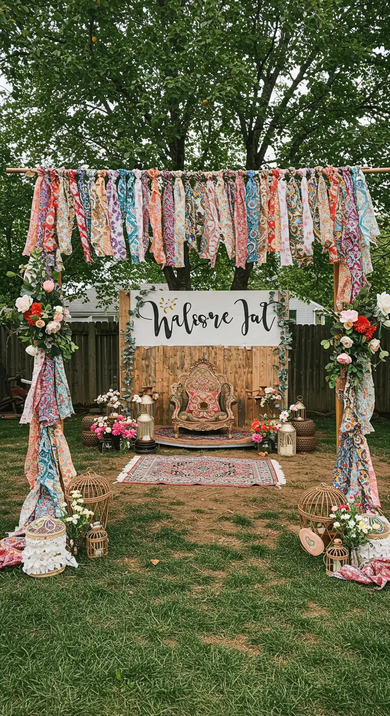 Une arche de cérémonie décorée d'une guirlande de bandes de tissus colorés et de fleurs.