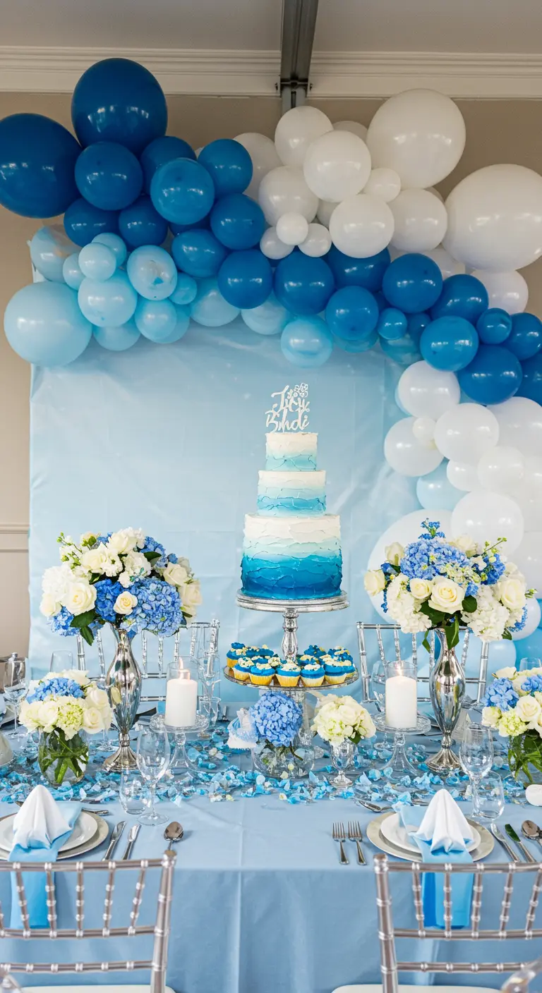 Table de fête avec une arche de ballons en dégradé de bleu et blanc.