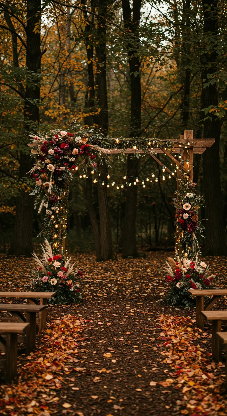 Arche de mariage en bois décorée de fleurs, de guirlandes et de lumières en forêt.