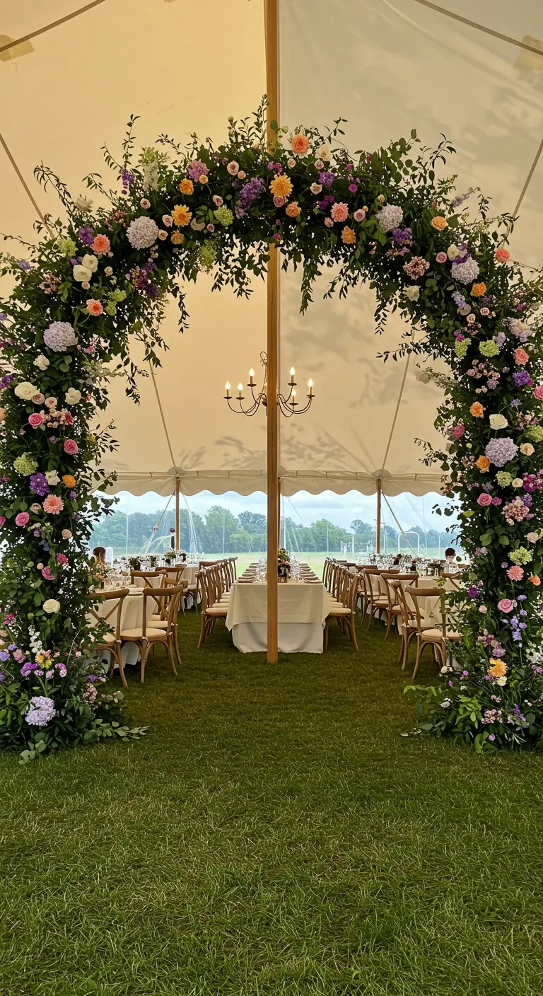 Une arche de cérémonie en plein air décorée d'une magnifique guirlande de fleurs asymétrique.